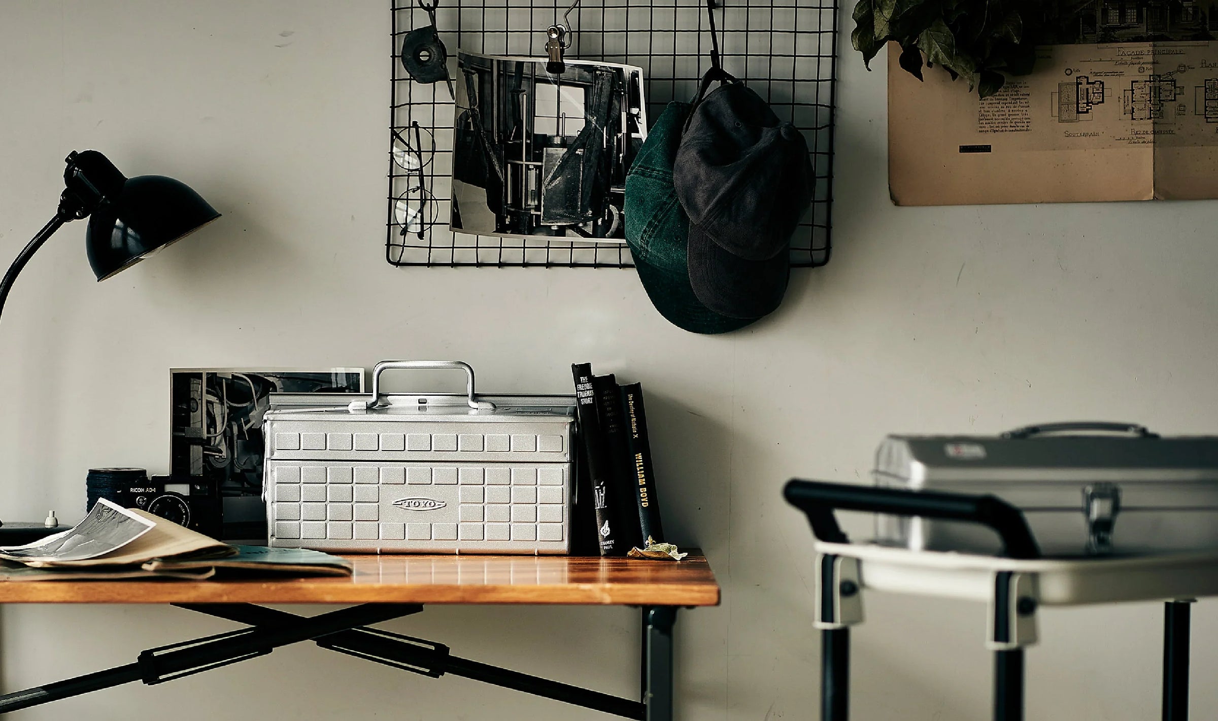 Silver TOYO Steel ST-350 cantilever toolbox styled as an industrial desk organizer and home storage piece.