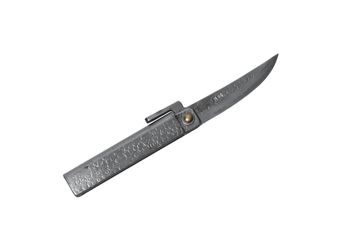 Fully open Tomita Kengata Higo knife displaying the Shirogami #2 steel blade, silver tsuchime handle, and signature Midareba wave pattern.