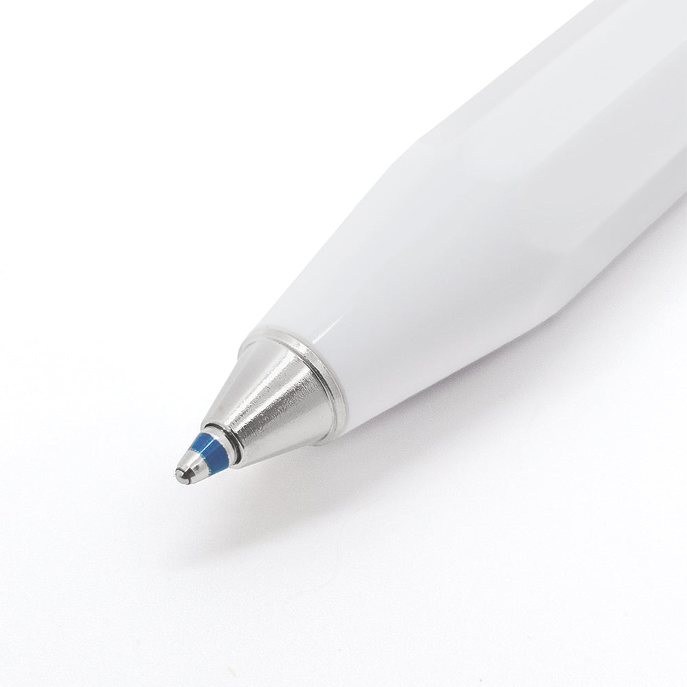 Close up of Kaweco X Kuromi Skyline Sport Ballpoint Pen – White's pen tip on a white background