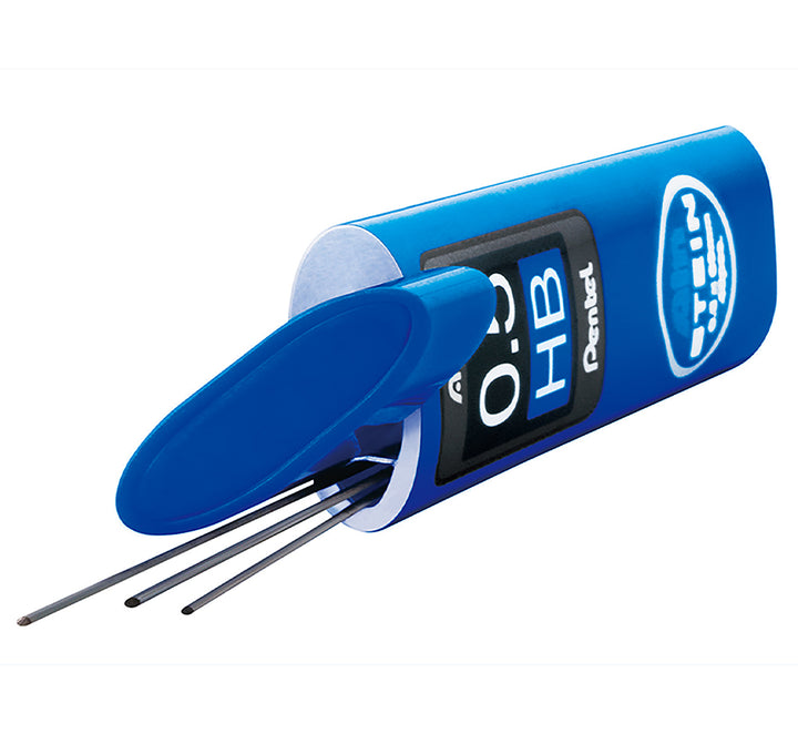 Close-up of Pentel Ain Stein twist-lock cap design. Features color-coded accents for instant hardness identification (HB, B, 2B, 4B) and secure storage to prevent spills.