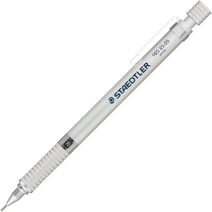 Staedtler 925 25 Mechanical Drafting Pencil in Silver Aluminum. Features a full metal body, knurled grip, and 4mm fixed sleeve for technical drawing. Made in Japan.