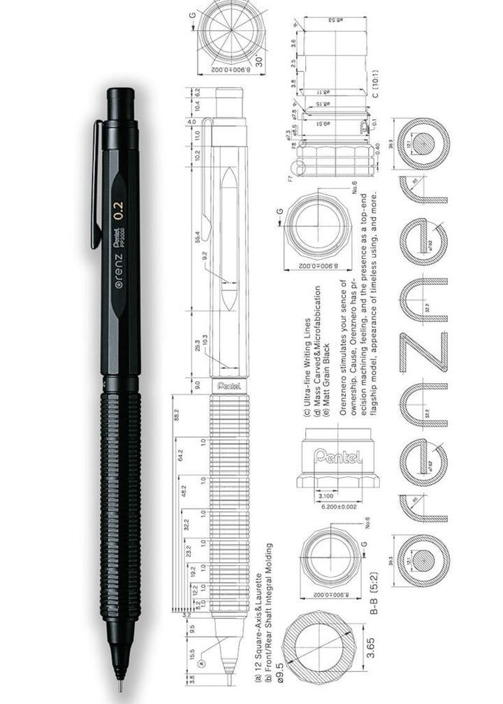 Pentel Orenz Nero Automatic Mechanical Pencil with technical drawings and measurements on a white background