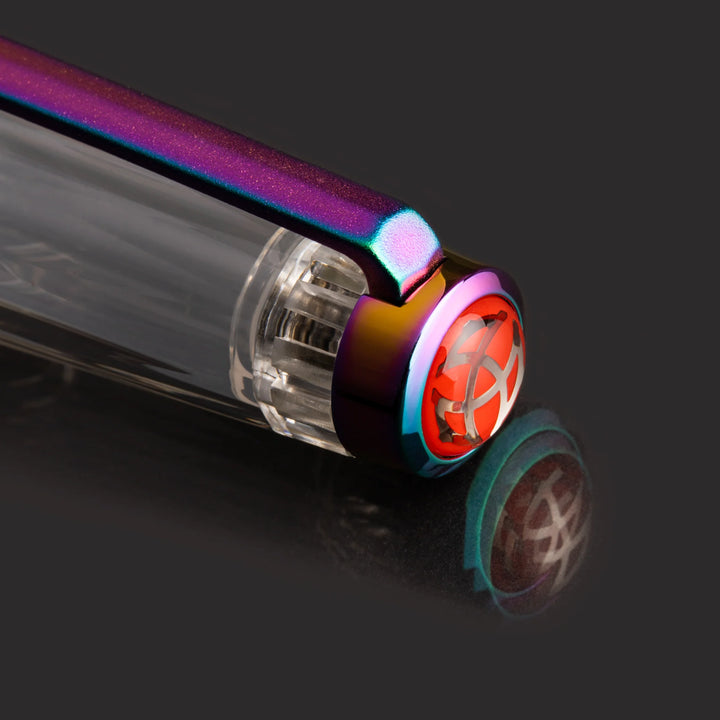 Close up of TWSBI VAC700R Fountain Pen – Iris, showing the cap on a dark background