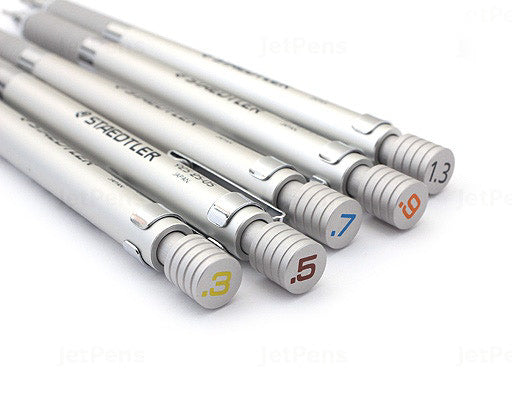 Full range of Staedtler 925 25 Silver drafting pencils. Available in 0.3mm, 0.5mm, 0.7mm, 0.9mm, and 2.0mm lead sizes for architects and engineers.