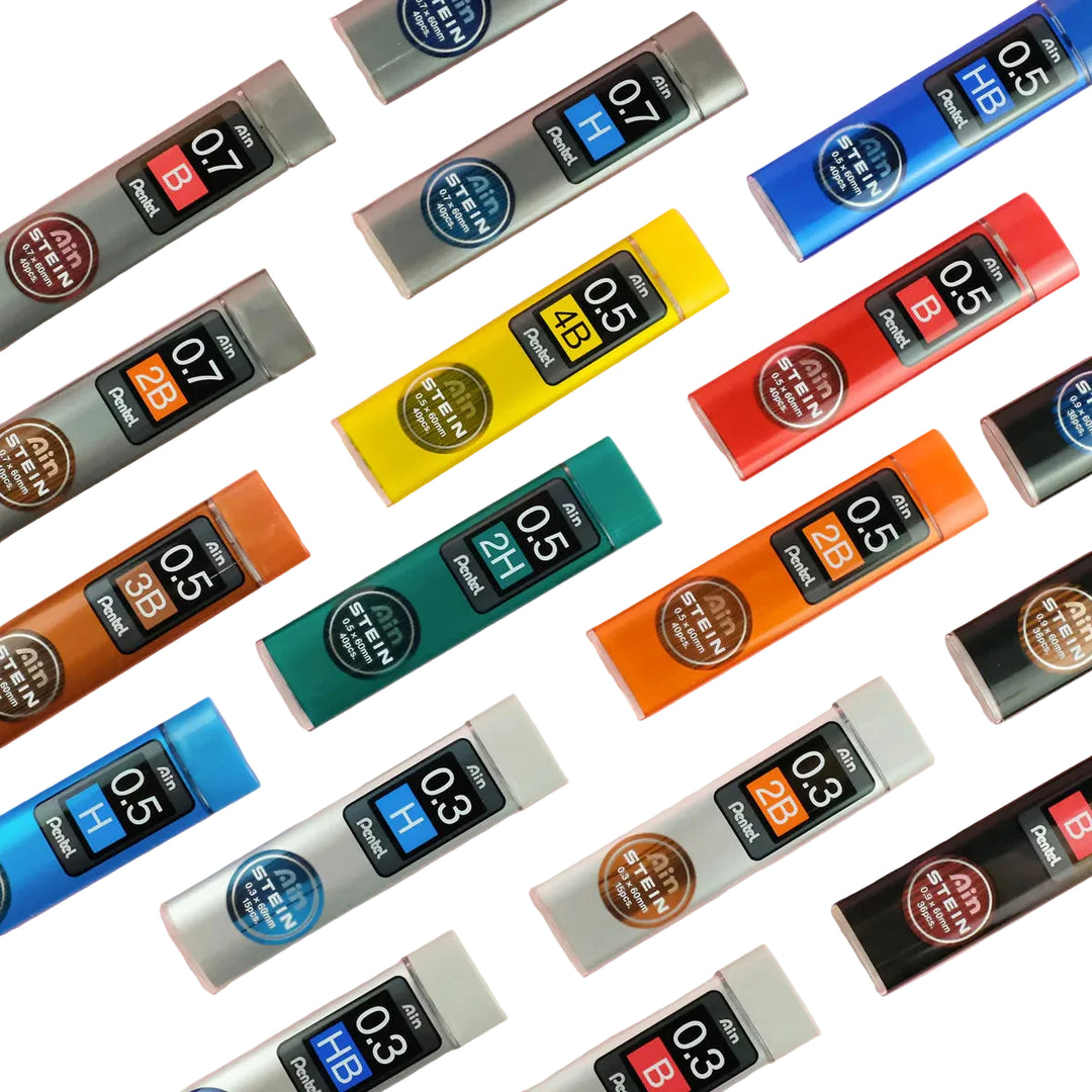 Full range of Pentel Ain Stein Mechanical Pencil Leads. Available in 0.3mm, 0.5mm, 0.7mm, and 0.9mm sizes. Japanese JDM stationery designed for high-pressure precision drafting.