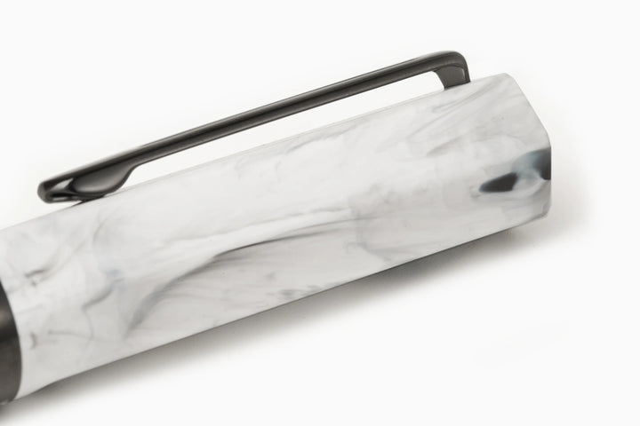 TWSBI ECO Fountain Pen – Carrara Onyx, Marble-patterned pen cap with black clip on a white background