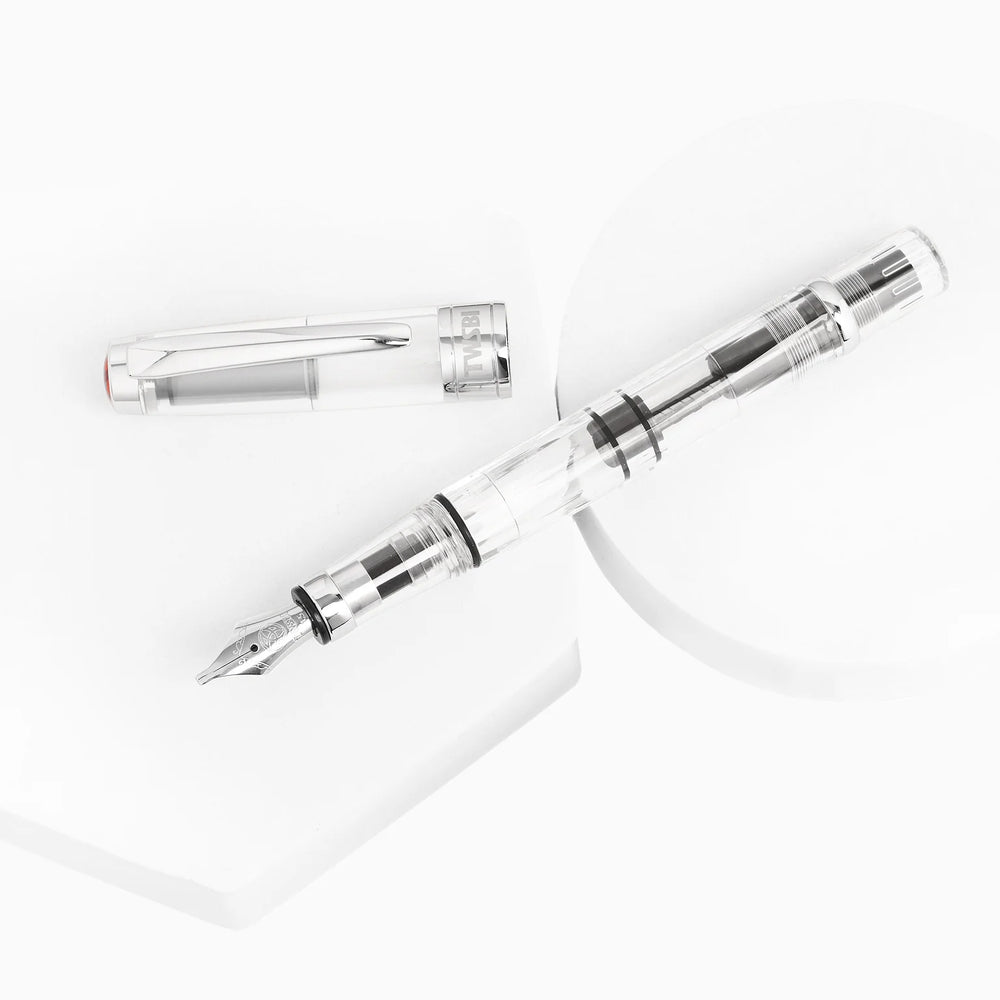 TWSBI Diamond 580 Fountain Pen – Clear, showing the cap and body on a white background