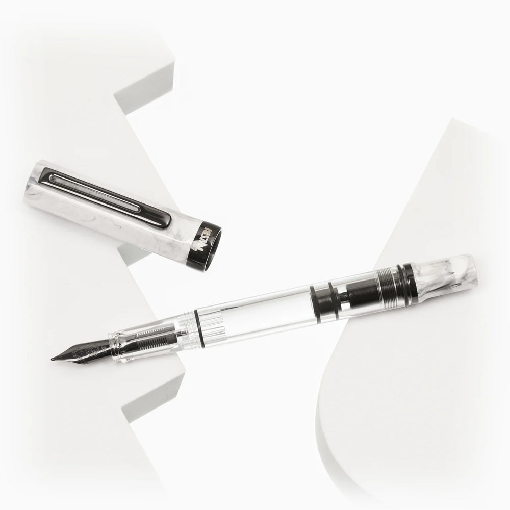 TWSBI ECO Fountain Pen – Carrara Onyx on a white surface