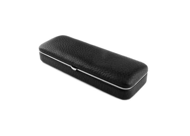 Angled view of the F. Hammann 3883 Framed Flexible Pen Case in black Chervo calfskin, highlighting the premium pebbled leather and zipperless design.