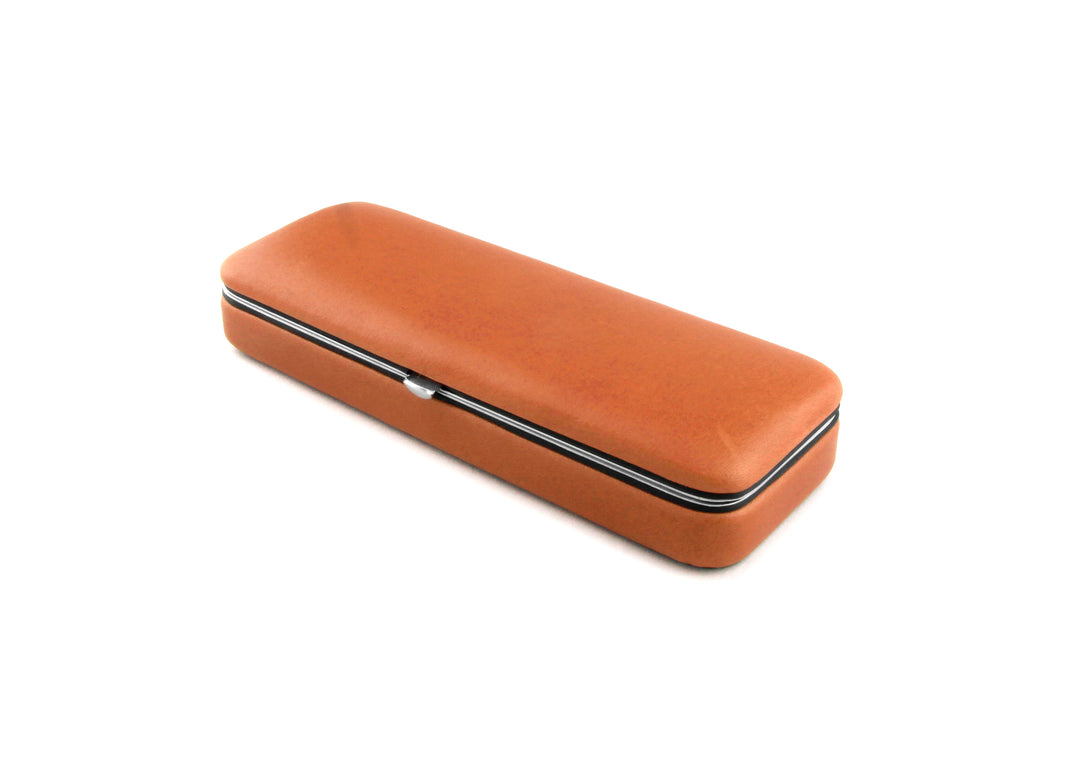 Angled view of the F. Hammann 3883 Framed Flexible Pen Case in Coxorange Alpina bullhide, showcasing the rich pebbled texture and zipperless construction.