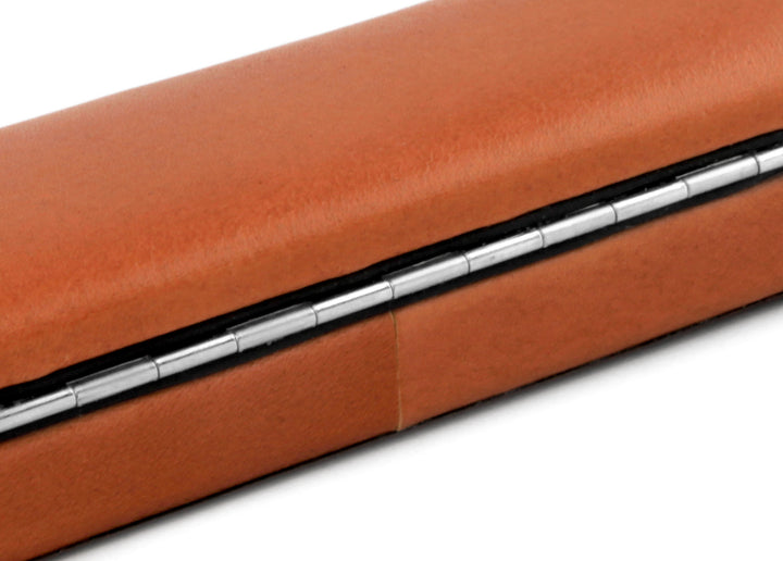Close-up of the polished metal piano hinge and the resilient, heavily grained Alpina bullhide leather on the F. Hammann 3883.