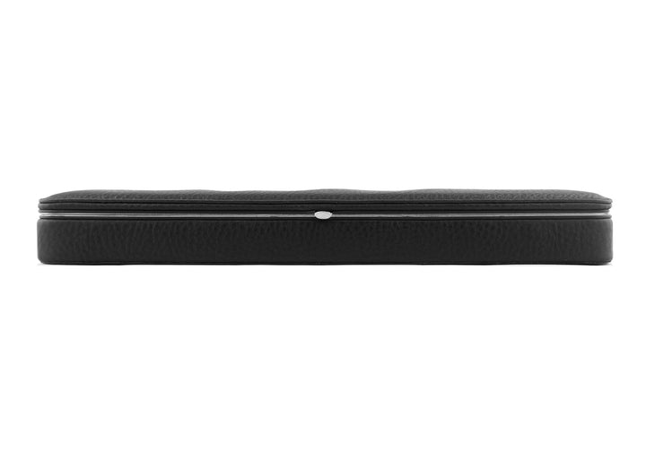 Sleek front profile of the closed F. Hammann 3976 black leather desk case with a polished silver metal frame and snap.