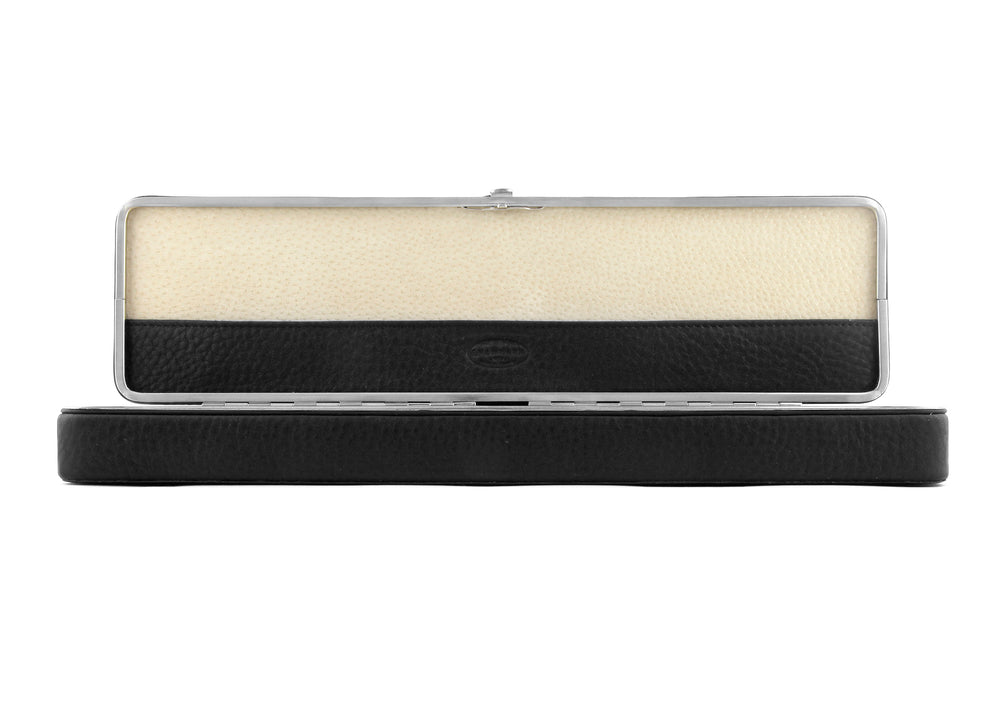 Front view of the open F. Hammann 3976 Ruler Box, highlighting the black leather lid slip and beige suede lining.
