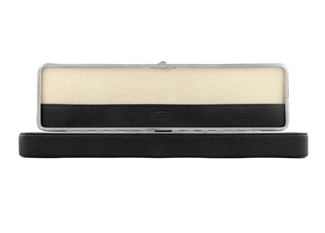 Front view of the open F. Hammann 3976 Ruler Box, highlighting the black leather lid slip and beige suede lining.