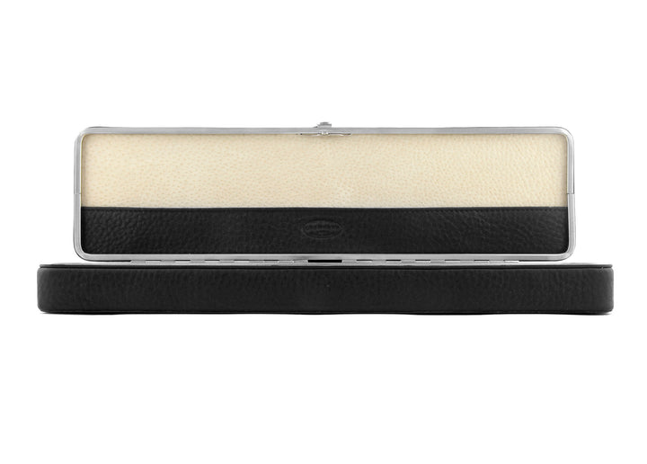 Front view of the open F. Hammann 3976 Ruler Box, highlighting the black leather lid slip and beige suede lining.