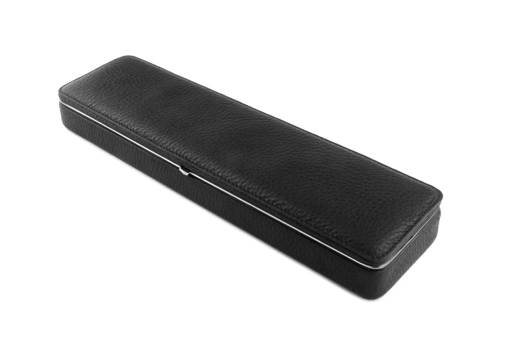 Angled perspective of the F. Hammann 3976 Ruler Box, emphasizing the heavy pebbled grain of the black Chervo leather.