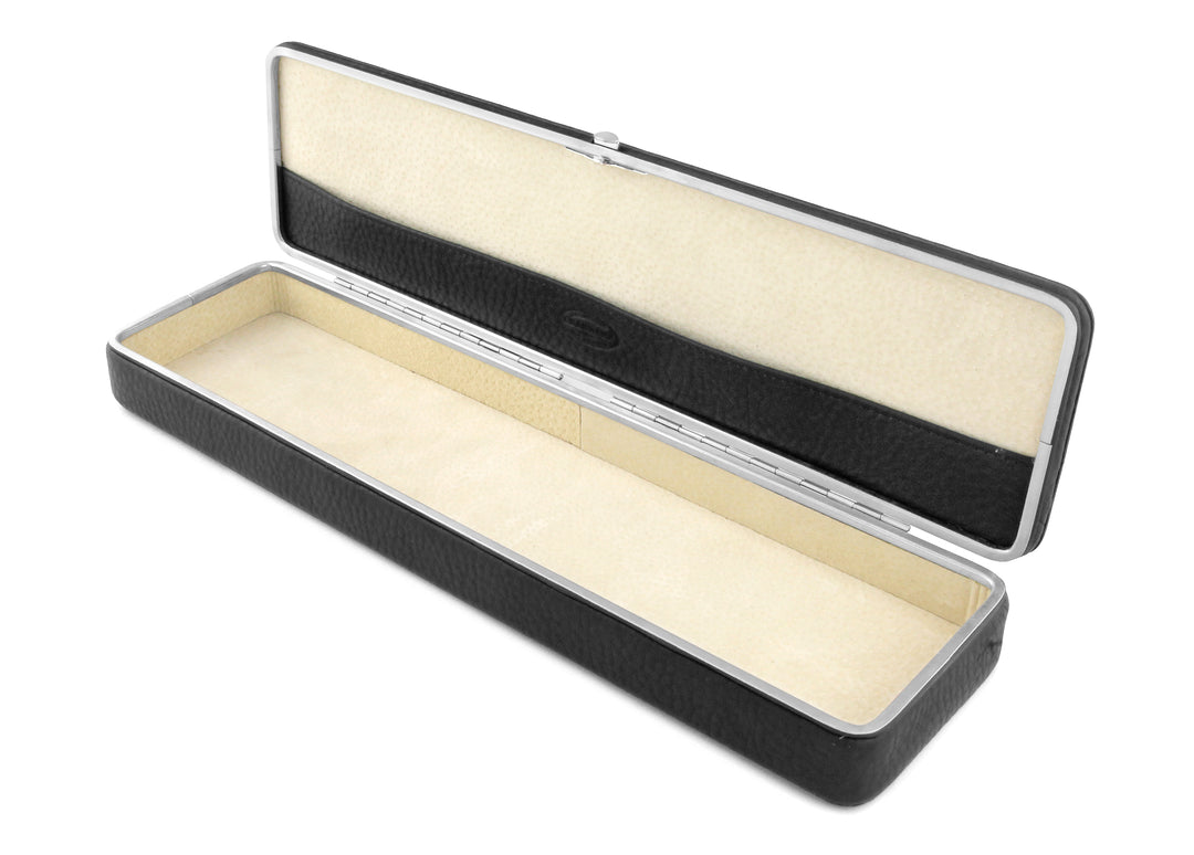 Spacious beige suede interior of the open F. Hammann 3976 black leather desk vault, designed for pens and 30cm rulers.