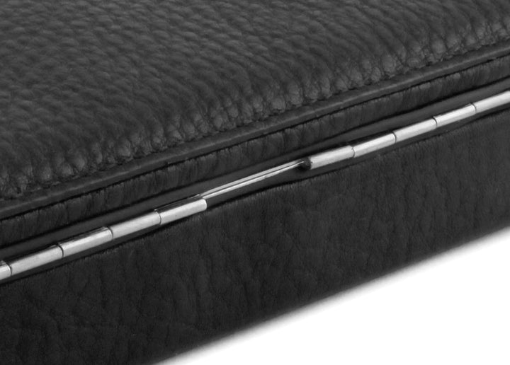 Close-up of the seamless silver piano hinge and textured black Chervo calfskin exterior of the 3976 Ruler Box.