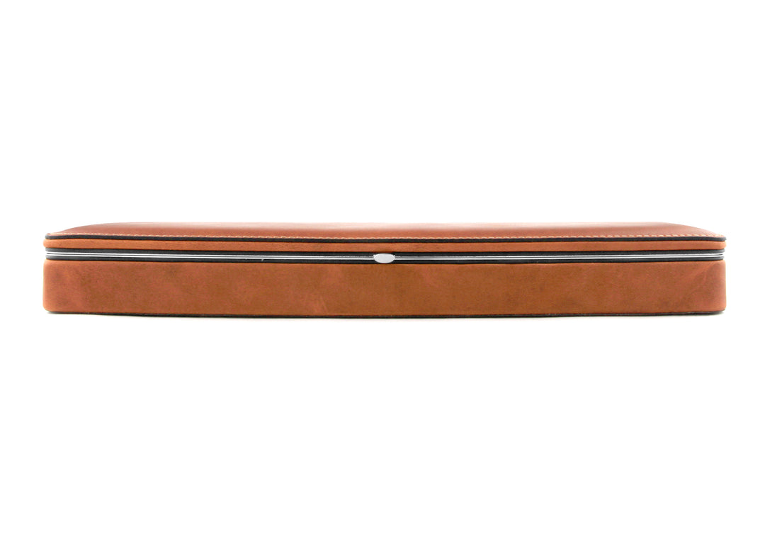 Front-on view of the closed F. Hammann 3976 Ruler Box in smooth Coxorange leather, emphasizing its sleek architectural silhouette.