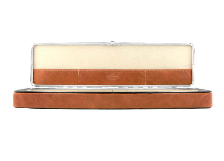 Front perspective of the fully open F. Hammann 3976 Ruler Box, highlighting the spacious beige suede-lined base.