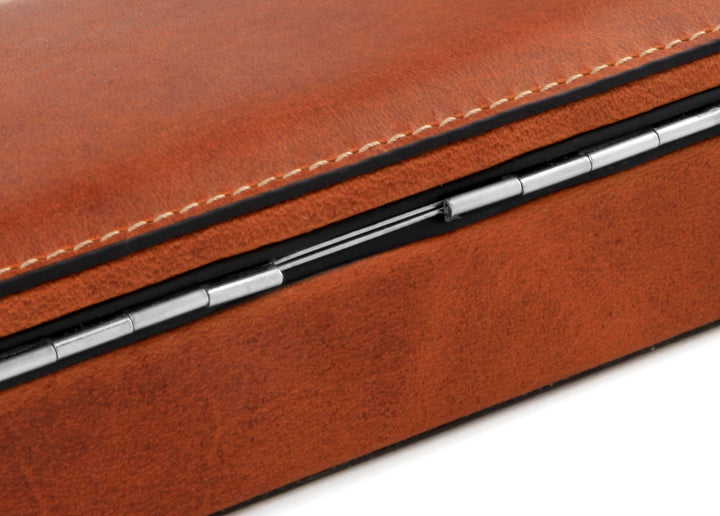 Close-up of the rear exterior of the closed F. Hammann 3976 Ruler Box showing Coxorange leather and silver piano hinge.