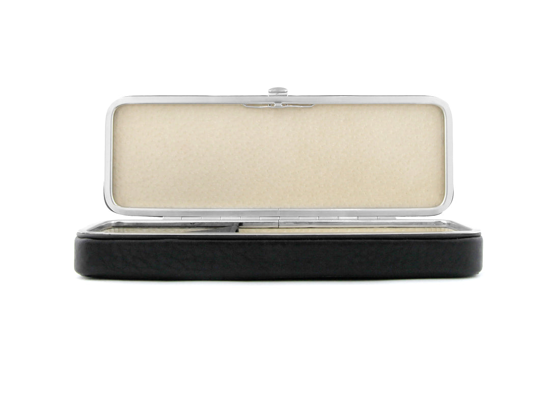 Front view of the open F. Hammann 3983 Framed Leather 3-Pen Case in black Chervo, showing the protective cream leather lining and metal clasp.