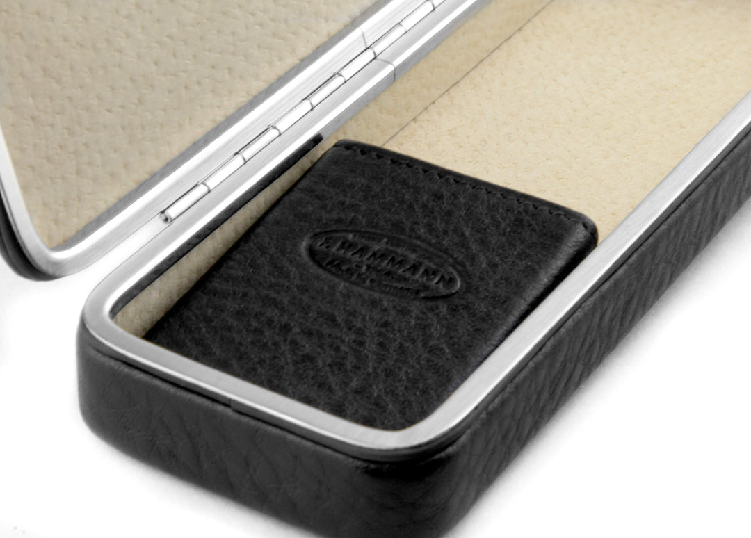 Close-up detail of the embossed F. Hammann logo on the internal leather suspension bridge inside the 3983 Black Chervo framed pen case.