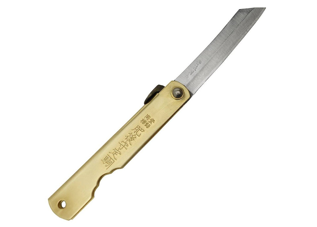 Fully open Higonokami Brass M Japanese pocket knife showcasing the Aogami blue paper steel blade and engraved brass handle.
