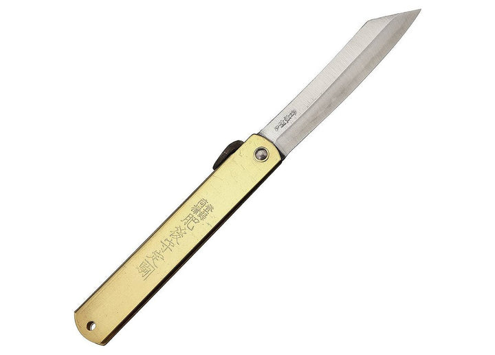 Fully open Higonokami Brass XL Japanese pocket knife showcasing the Aogami blue paper steel blade and engraved brass handle.