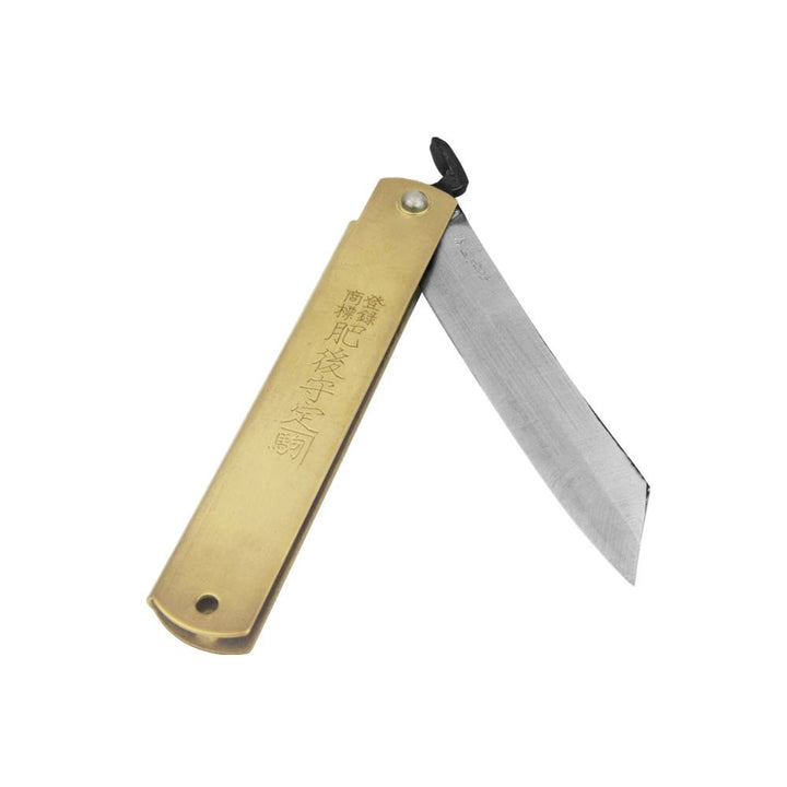 Partially deployed Higonokami XL friction folder knife highlighting the traditional chikiri thumb lever and solid brass pivot.