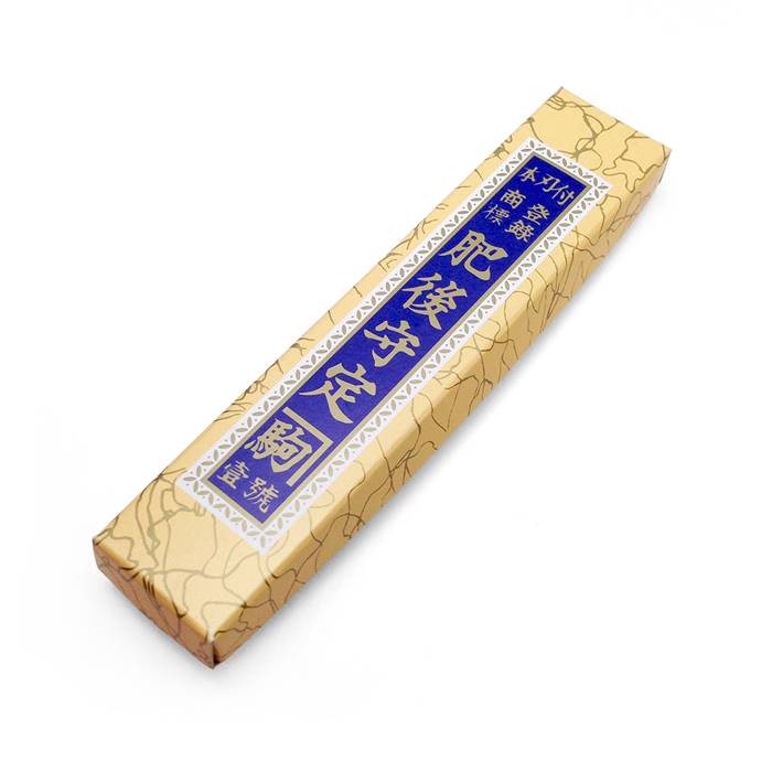 Traditional blue and gold paper gift box packaging for the authentic Nagao Kanekoma Higonokami XL Japanese knife.