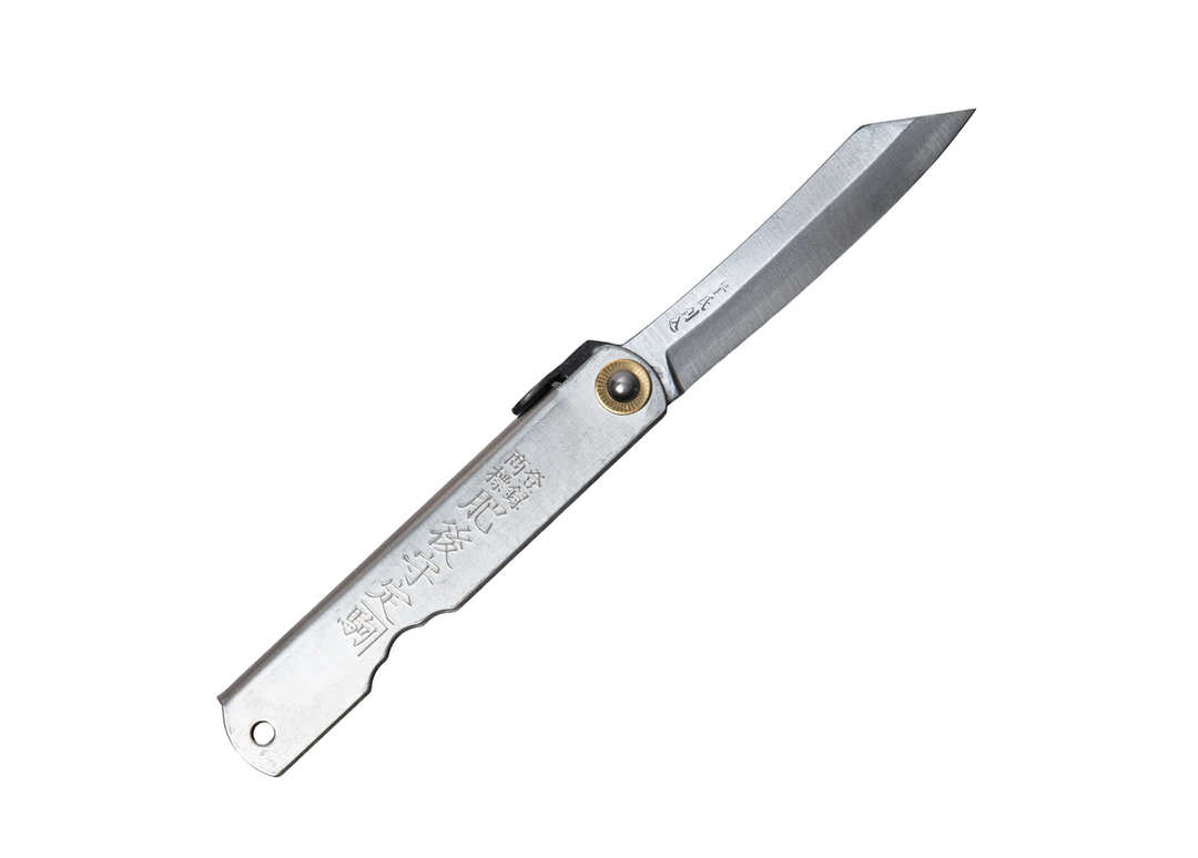 The Higonokami Blue Paper Steel Titanium L fully open, displaying the premium Aogami carbon steel blade alongside the lightweight titanium handle and traditional brass pivot.