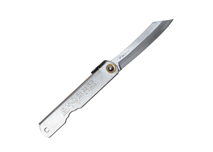 The Higonokami Blue Paper Steel Titanium L fully open, displaying the premium Aogami carbon steel blade alongside the lightweight titanium handle and traditional brass pivot.