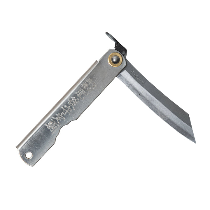 The Higonokami Titanium L folding knife shown partially open, demonstrating the simple, non-locking friction folder mechanism and how the chikiri lever guides the blade deployment.
