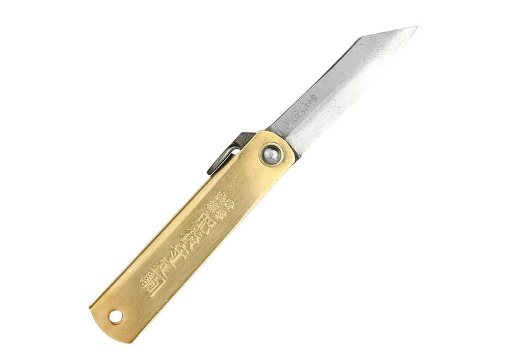 Fully open Higonokami Brass S Japanese knife displaying the Aogami blue paper steel blade and engraved brass handle.