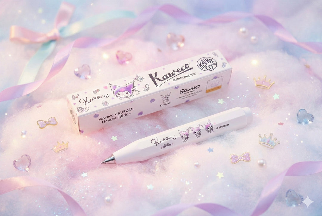Kaweco X Kuromi Skyline Sport Ballpoint Pen on pastel background with decorative ribbons and bows.
