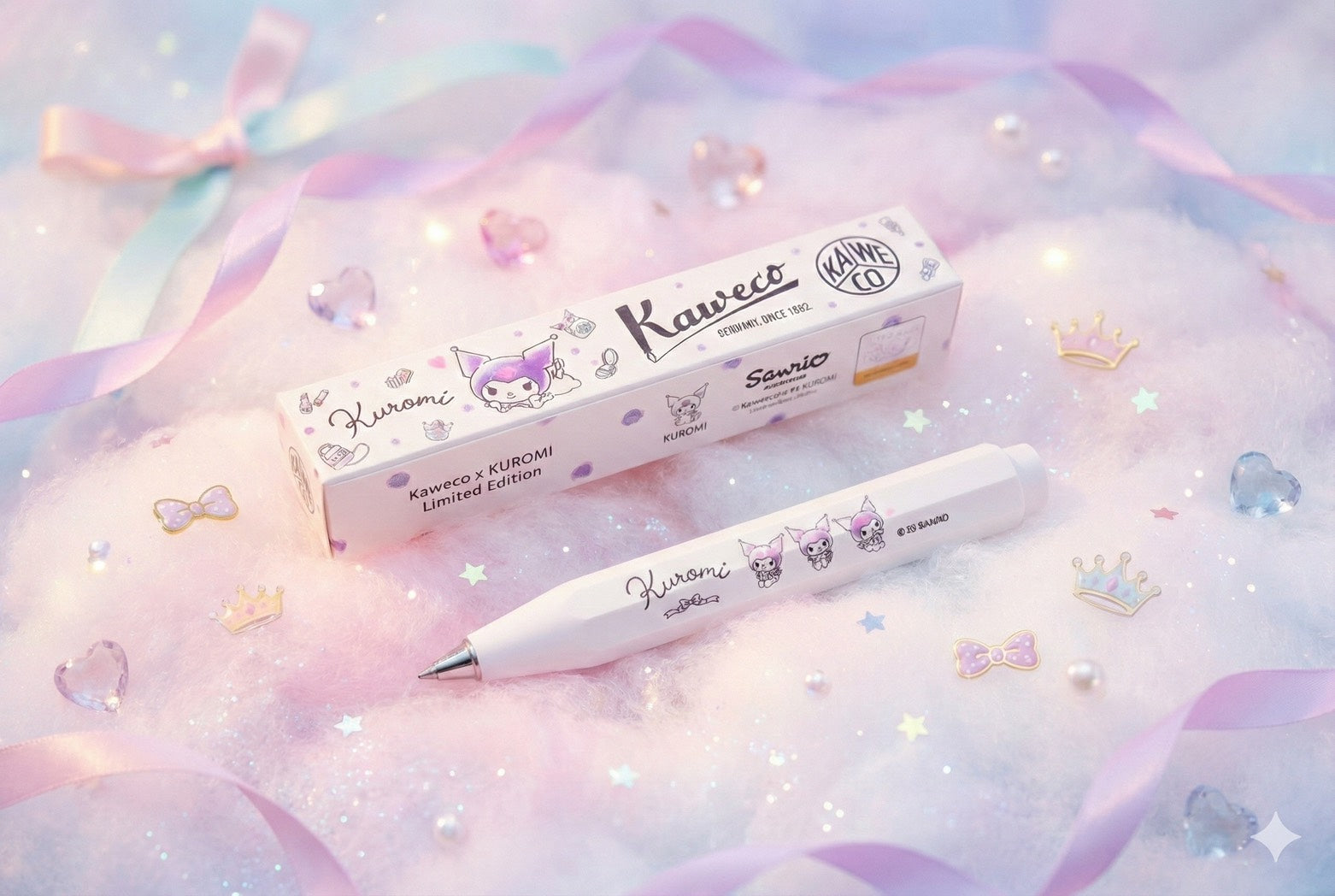 Kaweco X Kuromi Skyline Sport Ballpoint Pen on pastel background with decorative ribbons and bows.