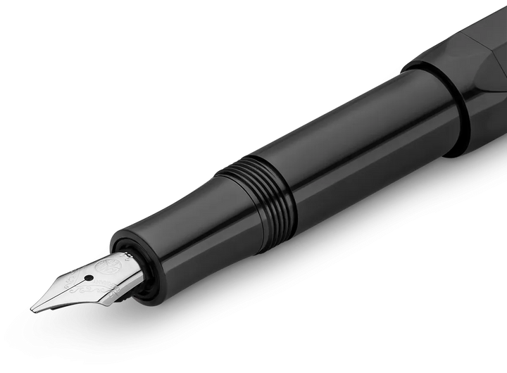 Kaweco Calligraphy Sport Fountain Pen in Black with silver trim and steel calligraphy nib.