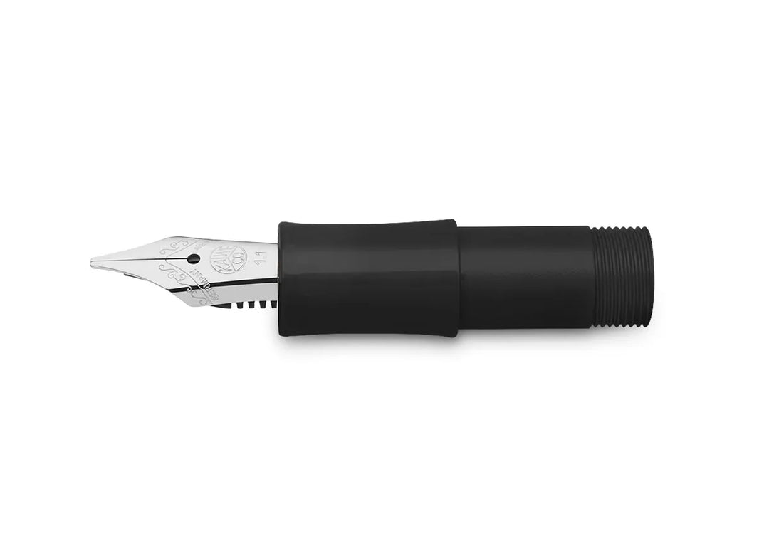 Kaweco Calligraphy Front Part with Nib in Black, featuring a black grip section and silver steel calligraphy nib.