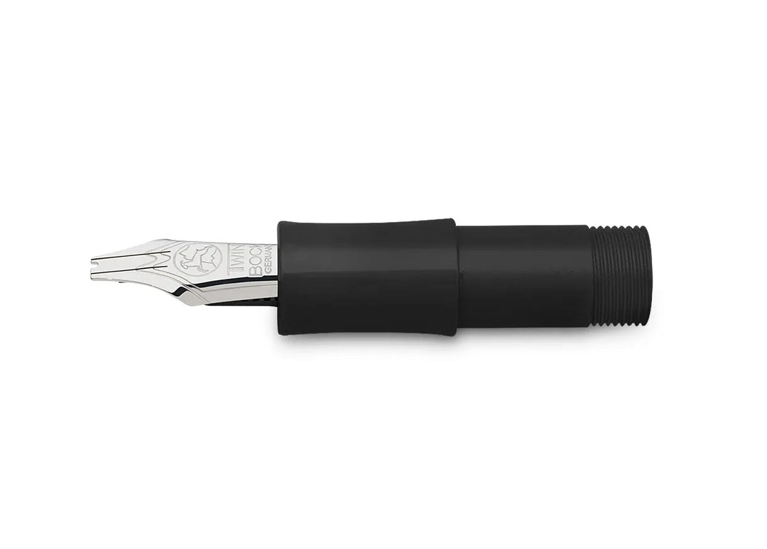 Kaweco Calligraphy Front Part with Nib in Black, featuring a black grip section and silver steel calligraphy nib.