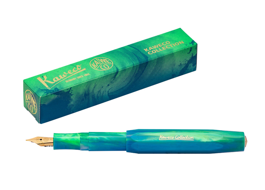 Open Kaweco Collection Fountain Pen in Marble Ocean displayed with matching Kaweco Collection Gift Box.