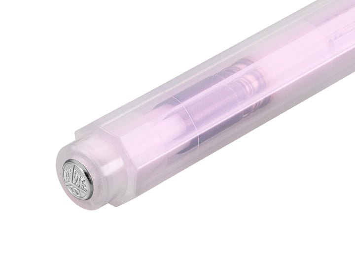 Close-up of the silver Kaweco logo push button on the Kaweco Lunar Sport Ballpoint Pen in Light Purple, highlighting the pale, semi-translucent iridescent octagonal barrel.