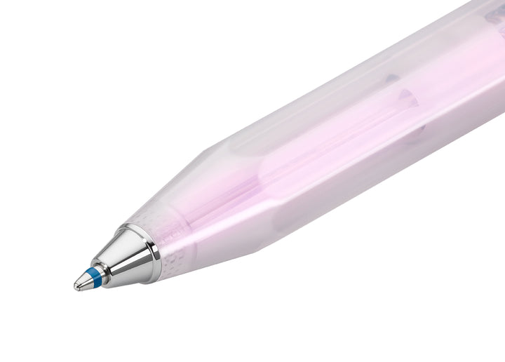 Close-up of the silver tip and blue D1 ballpoint refill extending from the Kaweco Lunar Sport Ballpoint Pen in Light Purple.