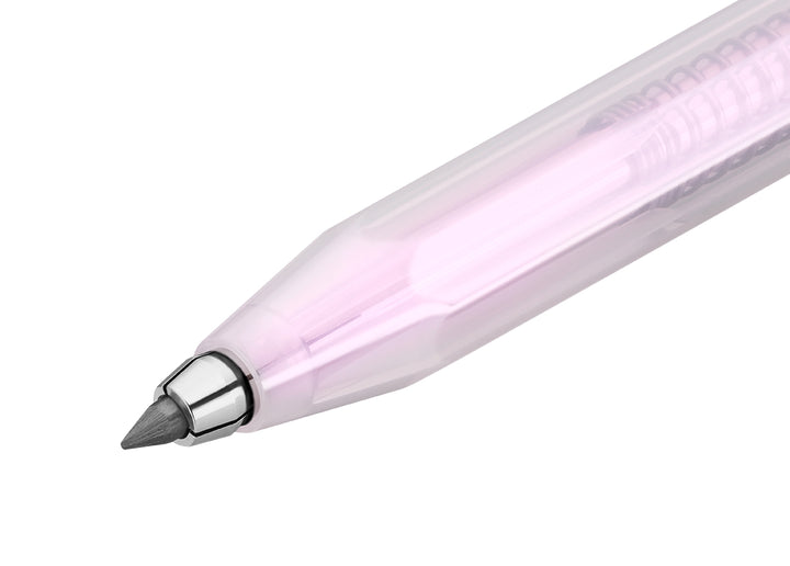 Close-up of the silver drop-clutch mechanism and 3.2 mm graphite lead extending from the Kaweco Lunar Sport Clutch Pencil in Light Purple.