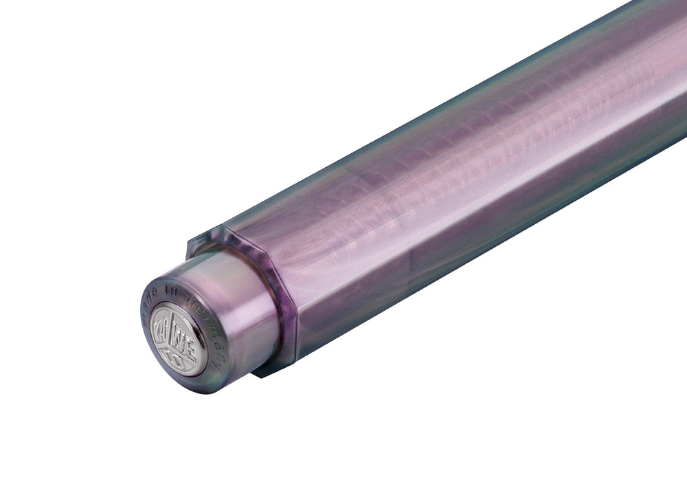 Close-up of the silver Kaweco logo finial and push button on the Kaweco Lunar Sport Clutch Pencil in Shadow Purple, highlighting the iridescent, colour-shifting octagonal barrel.