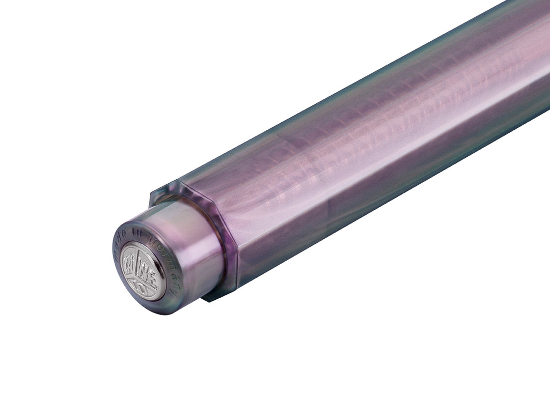 Close-up of the silver Kaweco logo finial and push button on the Kaweco Lunar Sport Clutch Pencil in Shadow Purple, highlighting the iridescent, colour-shifting octagonal barrel.