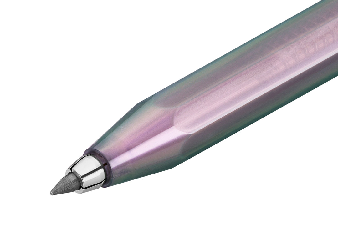 Close-up of the silver drop-clutch mechanism and 3.2 mm graphite lead extending from the tip of the Kaweco Lunar Sport Clutch Pencil in Shadow Purple.