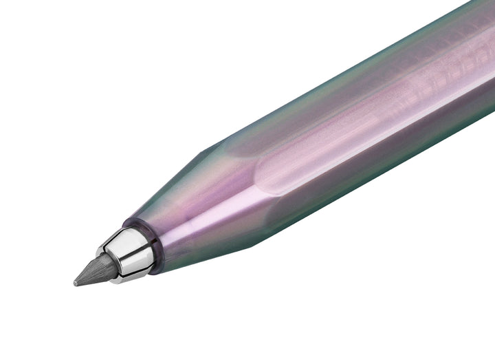 Close-up of the silver drop-clutch mechanism and 3.2 mm graphite lead extending from the tip of the Kaweco Lunar Sport Clutch Pencil in Shadow Purple.