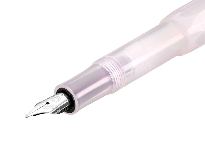 Close-up of the translucent grip section and silver 060 stainless steel nib on the Kaweco Lunar Sport Fountain Pen in Light Purple.