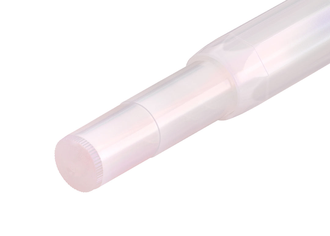 Close-up of the barrel end on the Kaweco Lunar Sport Fountain Pen in Light Purple, showing the ribbed edge and embossed Made in Germany text on the pale translucent iridescent body.